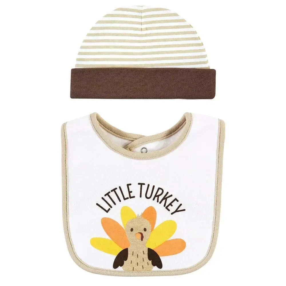 Hudson Baby Cotton Bib and Headband or Caps Set Little Turkey One Size New